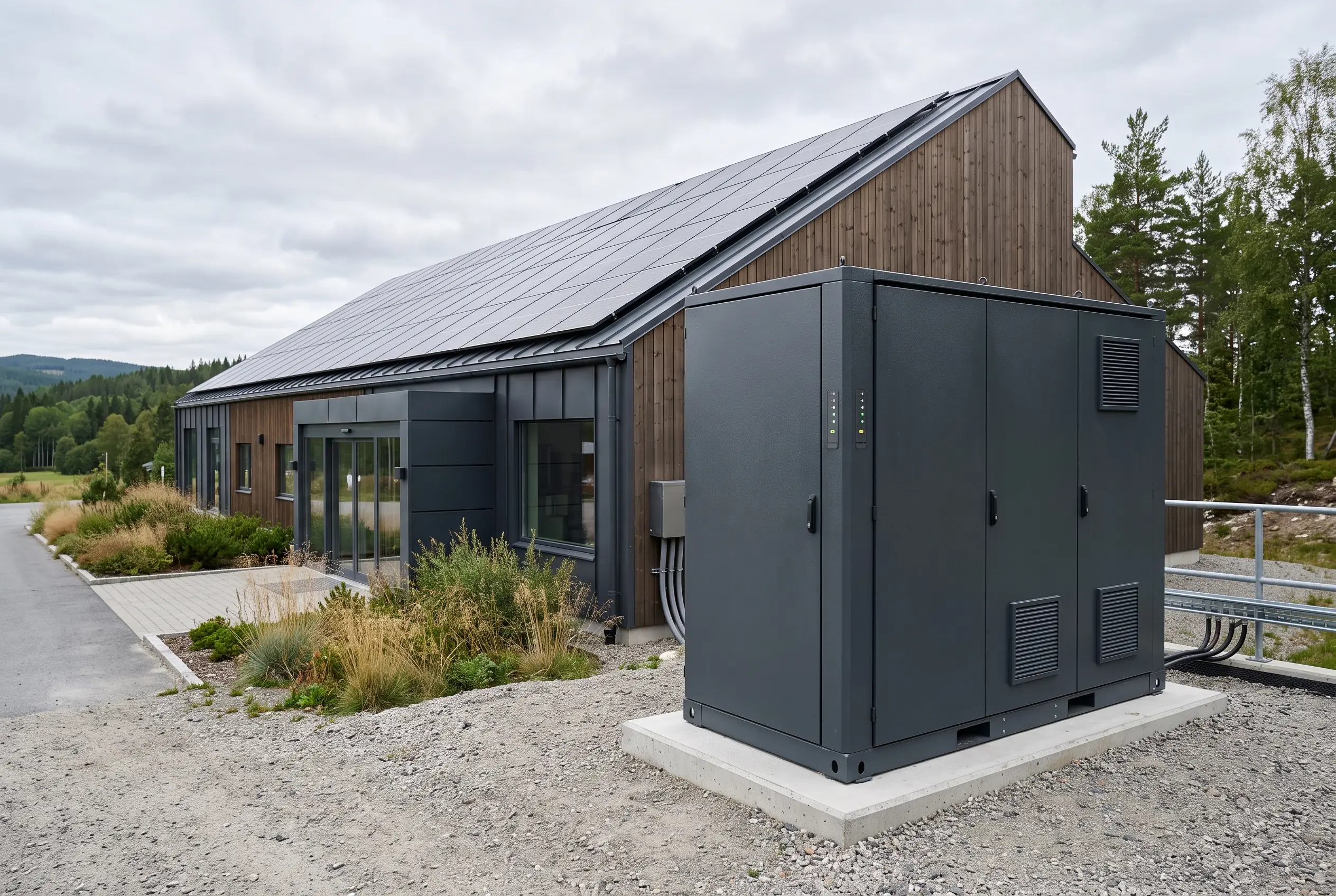 Batterilager vid en industribyggnad med solceller