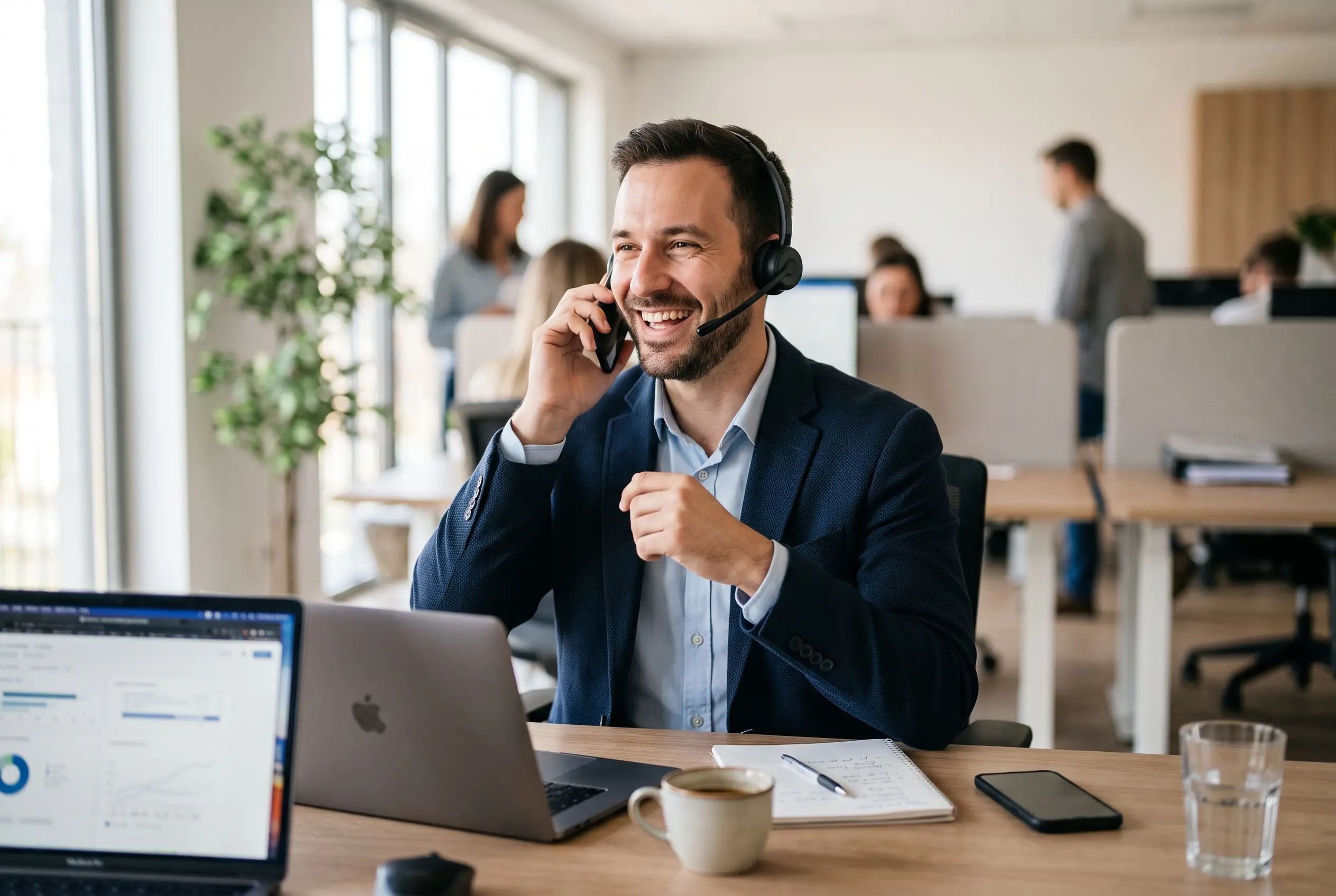 Medarbetare med headset i samtal på ett modernt kontor