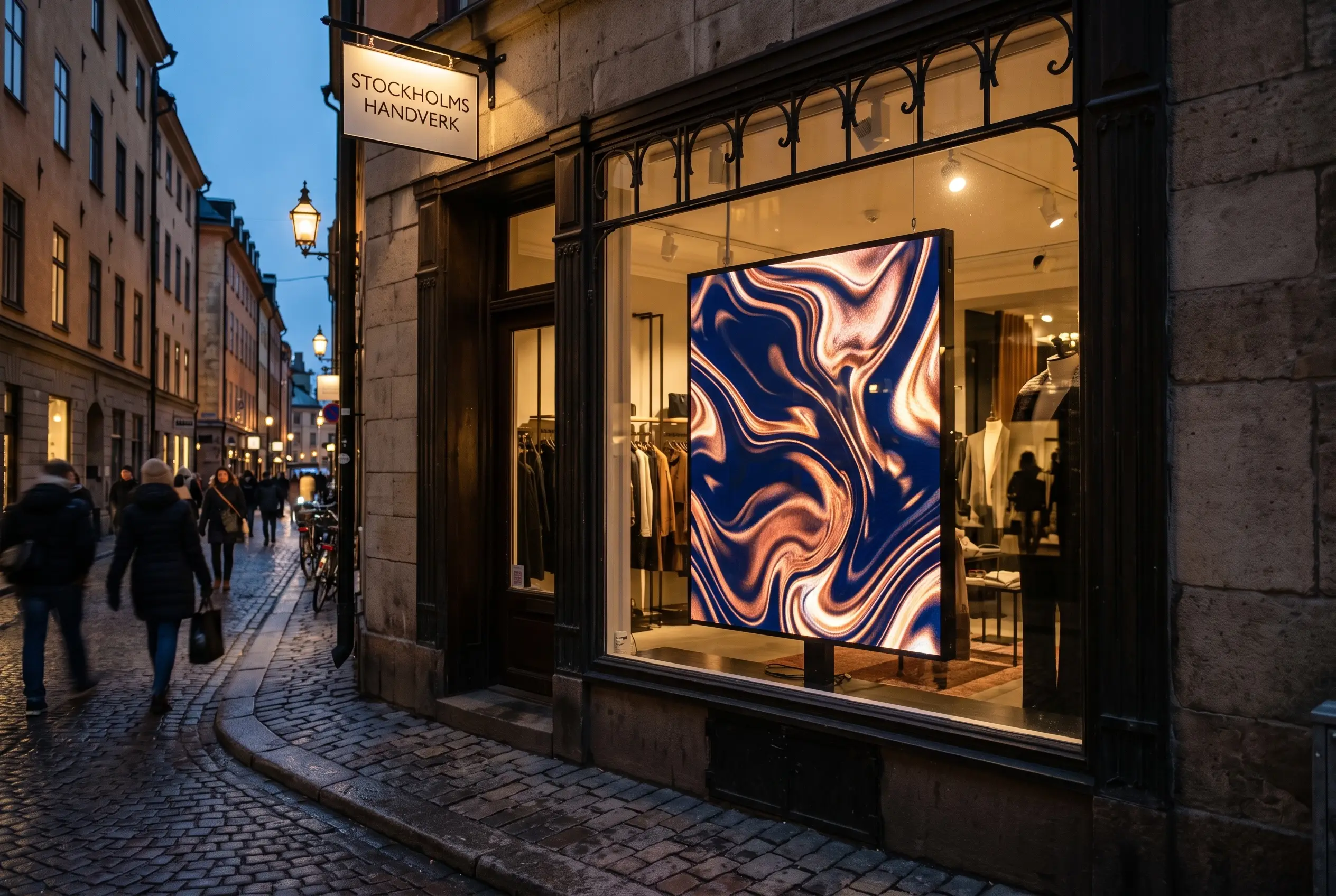 Butiksfönster i Stockholm med en stor digital skärm i skymningen